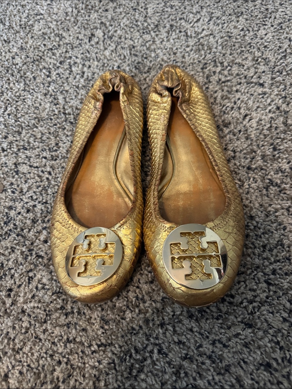 Tory Burch Gold Snake-Embossed Logo Ballet Flats
